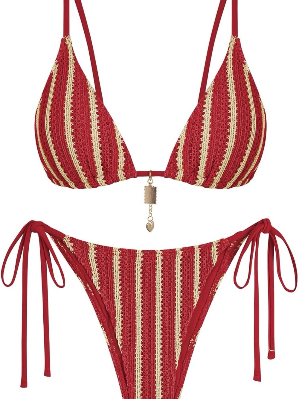 Red & Gold Crochet Stripe Tie-Side Bikini